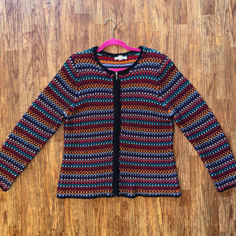 Coldwater Creek Sweater Jacket Zip Colorful Knit Large Cotton Blend Boho